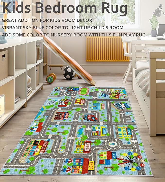 Educational Road Traffic Carpet Kids Carpet Playmat Car Rug Fun City Life Map Kids Car Rug Non Slip Play Carpet for Children Playroom Bedroom Classroom Decor (Sky Blue, 5'2''x3'3'')