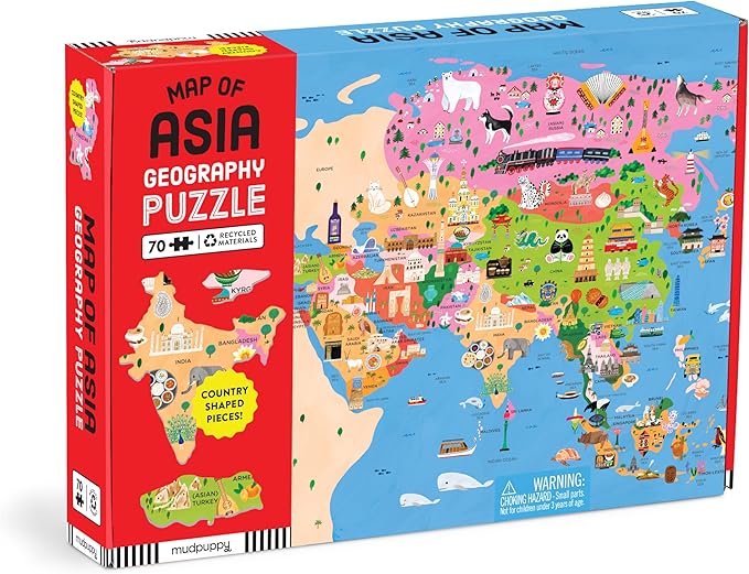 Mudpuppy Map of Asia – 70 Piece Geography Puzzle with Country-Shaped Pieces and Iconic Landscapes Cultural Items and More