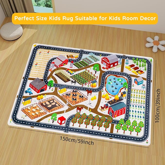 Kids Rug Car Rug for Toy Cars, 39.4"×59" Farm Life Road Traffic for Playroom Kid Road Mat Village Map Play Mat Non-Slip Washable Play Carpet for Toddler Boy Family Tummy Time Playtime White