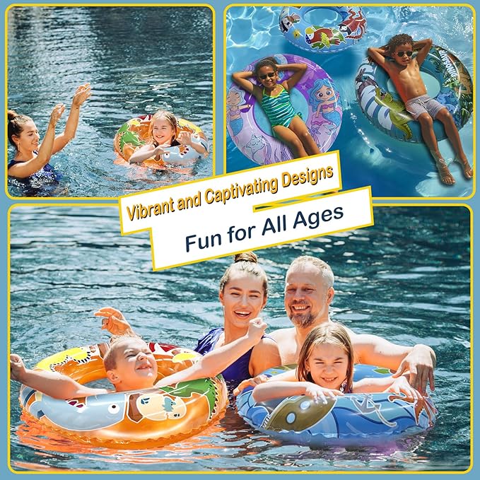 4 Pack Inflatable Pool Floats, 36" & 24" Pool Tubes for All Ages, Unique Dino, Mermaid, Pirate Inner Tube Floaties for Swimming, Swim Ring and Pool Party Toys for Kids 3-5 4-8 8-12, Teens, Adults