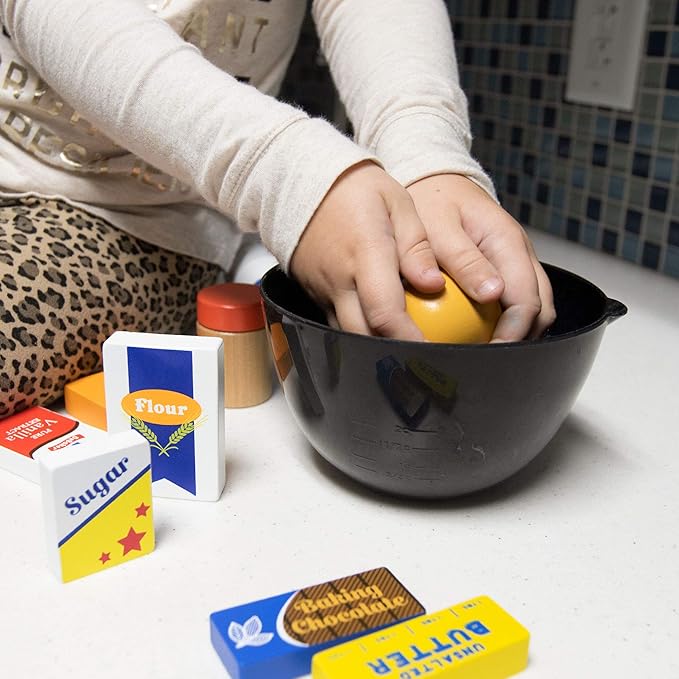 Baker's Mart Ingredient Set | Wooden Play Food Baking Groceries | Includes Baking Soda, Chocolate, Milk, Sugar, Vanilla, Flour, Sprinkles, Butter and Egg | Pretend Play Food Kitchen Accessories