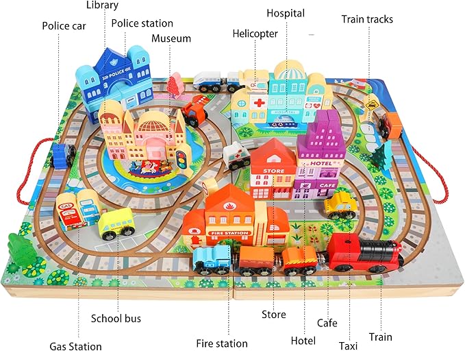 Large Wooden Building Blocks Set, Electric Train City Construction Stacking Blocks Preschool Learning Educational Toys,Wooden Take-Along Tabletop Railroad Play Set for Toddlers