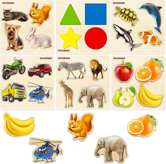QUOKKA Wooden Puzzles for Toddlers 1-3 - 6 Toddler Peg Puzzles Ages 2-4 - Montessori Toy for Kids Ages 3-5 with Animal, Fruits, Geometric Shapes - Educational Preschool Game Gift for Childrens
