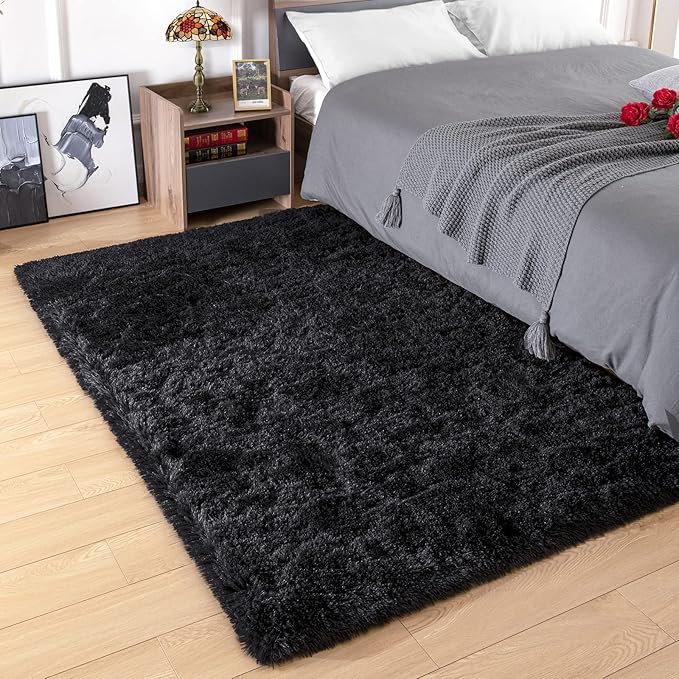 Amearea Premium Soft Fluffy Area Rug Modern Shag Carpet, 3x5 Feet, Fuzzy Shaggy Rugs for Bedroom Living Room Teen Apartment Decor, Comfortable Indoor Furry Dorm Carpets, Black