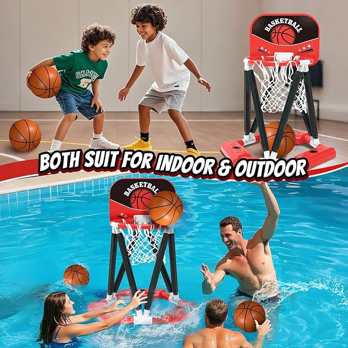 Pool Basketball Hoop Toys, Floating Basketball Hoop Pool Game with 4 Basketballs, Swimming Floats Toys with Balls Pump, Summer Outdoor Pool Water Play Toy for Kids and Adults (Red)