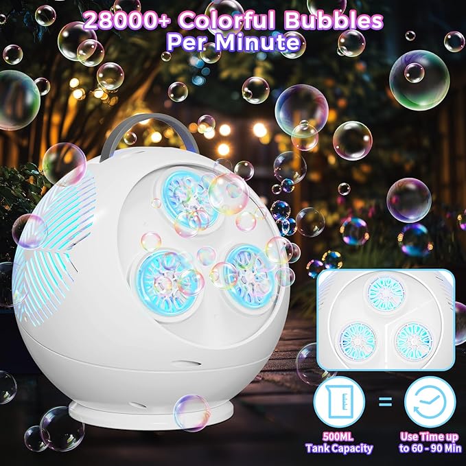 Bubble Machine Automatic Spherical Bubble Blower for Kids Rechargeable Portable LED RGB Lights Bubble Maker Auto Rotating 45°/360° Outdoor for Birthday Party Wedding Crackle White (White)