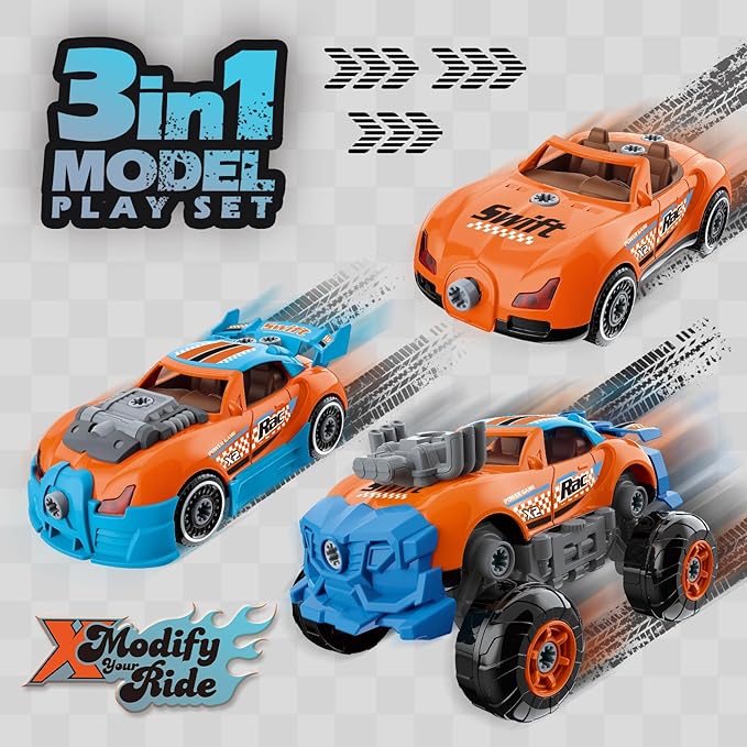 Pup Go 3-in-1 Take Apart Car for Boys with Electric Drill, 43Pcs Construction Toy Truck, Build Your Own Car with Play Tools, Ideal STEM Gift for Kids Children Ages 3 4 5 6 7 Year Orange