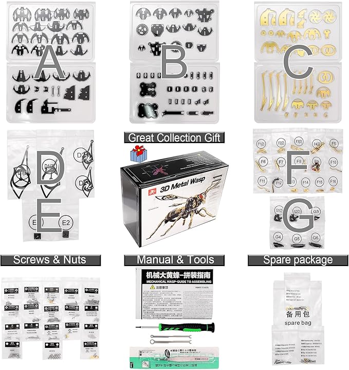 3D Metal Puzzles for Adults: Metal Model Kits 3D Metal Puzzle Mechanical Wasp Building Blocks, Difficult DIY for Assembly Gifts for Men (3D Metal Wasp-Red Gold)