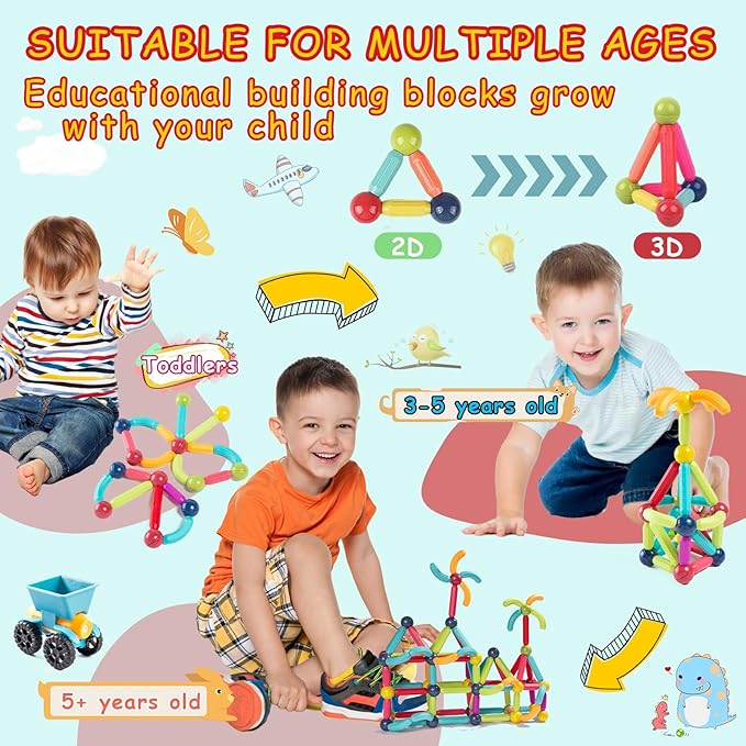 Magnetic Blocks Kids Toys, Magnetic Building Sticks STEM Educational Sensory Toy Preschool Learning Montessori Toys for Toddlers Boys Girls Ages 3-8 with 1 Car