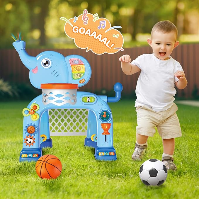 Shemira Toddler Basketball Hoop & Soccer Goal Activity Center Toys with Light & Music,Elephant Toddlers Musical Toys Gift, Baby & Toddlers Christmas Birthday Gift for 1 2 3 Year Old Boys & Girls