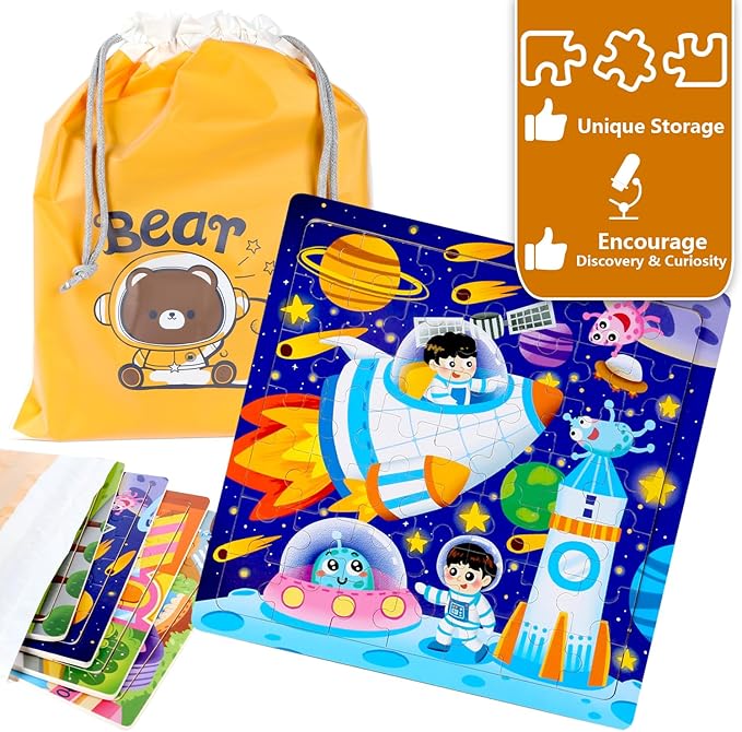 Puzzles for Kids Ages 4-6 - 48 Pcs Wooden Realistic Montessori Toddler Puzzles Ages 3-5 - Construction Vehicles Fire Rescue Space Learning Games for Boys and Girls 4-8 Year Olds