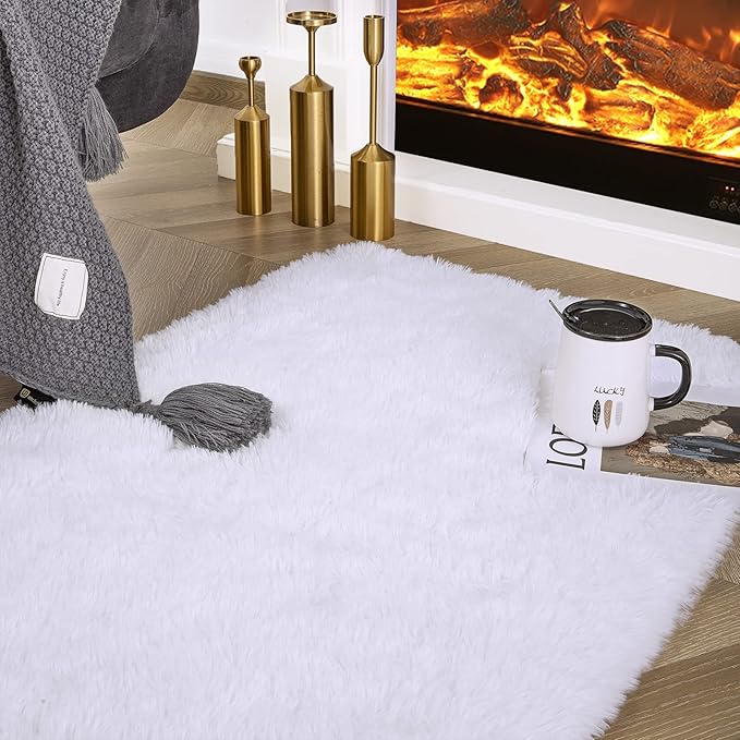 Ompaa Fluffy Runner Rugs, 2x6 Feet White, Super Soft Shaggy Carpet Fuzzy Long Fur Rug for Bedroom Living Room Dorm, Plush Kids Playroom Baby Girls Nursery Decor Mats