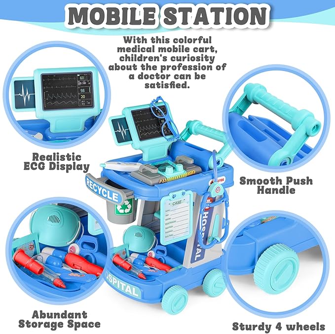 deAO Doctor Kit for Kids Ages 3+, Pretend Doctor Play Set with Doctor Cart, Costume and Stethoscope, Toddlers Doctor Role Playset Medical Kit for Girls Boys (Blue)