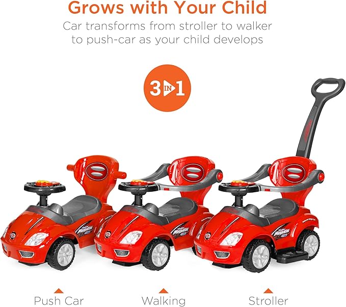 Best Choice Products Kids 3-in-1 Push and Pedal Car Toddler Ride On w/Handle, Horn, Music - Red