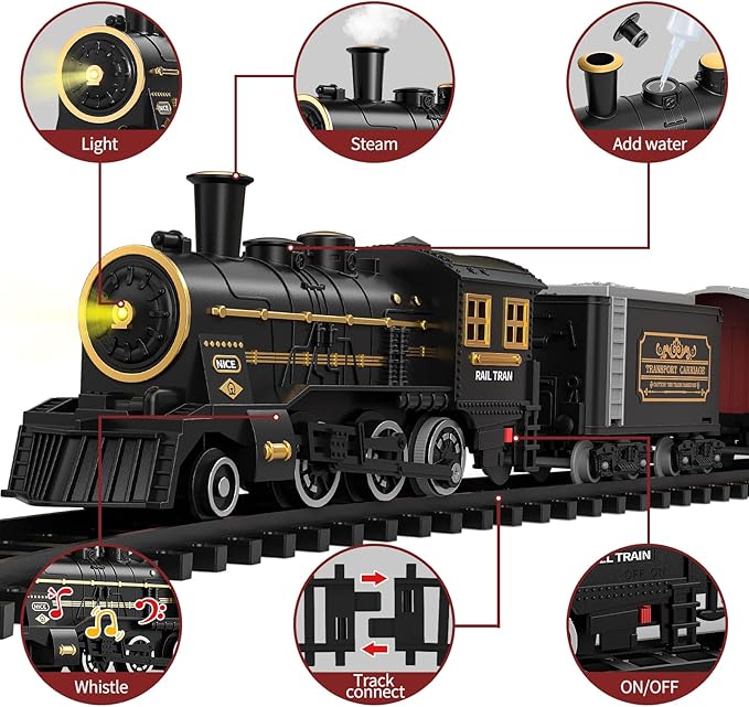 TEMI Train Set for Kids 3-12 Years, Electric Classical Steam Engine Locomotive with Steam, Light and Sounds, Rechargeable Model Trains Kit Toys w/Passenger Carriage for Boys and Girls