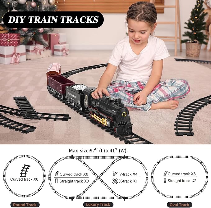 Train Set for Kids Remote Control Steam Locomotive Retro Train, with Railroad Carriages Long Tracks, Battery-Powered Model Train RC Toy Gift for Boys & Girls Ages 3-8