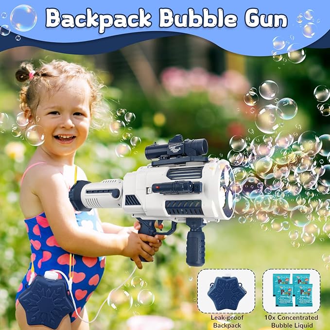 Bubble Gun, Upgrade Gatling Bubble Machine Gun Portable Bubble Maker with Backpack, Anti-Leakage Bubble Blower Gun Gifts for Boys Girls Age 3 4 5 6 7 8 9 10 11 12 Years Old (Blue)