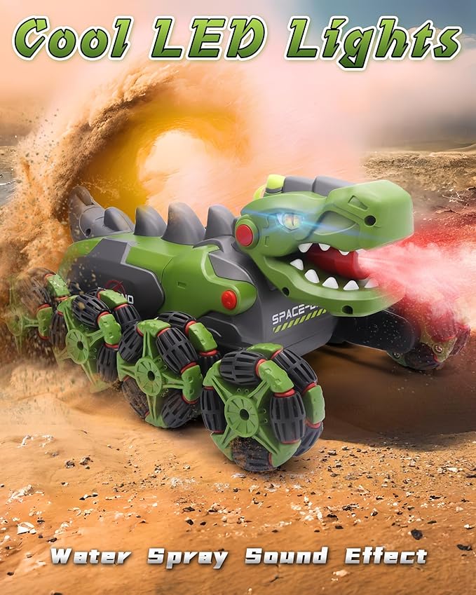 Remote Control RC Car Dinosaur Toys : RC Car Dinosaur Change with Spray for Boys 7 8 12, 2.4 GHz Monster Truck Stunt Vehicle, Remote Control Toys Gifts for Kids,Green