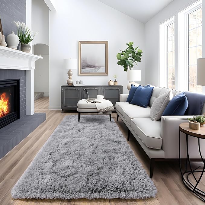 Super Fluffy Throw Rug for Bedroom, Modern Shag Grey Area Rugs, Soft and Cozy Plush Small Carpet for Kids,Girls Boys and Teens Decorations for Living Room Dorm Nursery Classroom, 2x6 Feet
