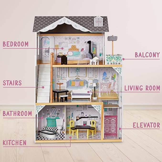 Lil' Jumbl Kids Wooden Dollhouse, with Elevator, Balcony & Stairs, Accessories & Furniture Included X-Large 3 Story Easy to Assemble Doll House Toy