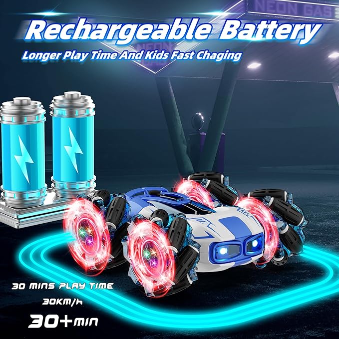 Remote Control Car Drift Stunt Car, 4WD 2.4 GHz Double-Sided 360° Rotating RC Stunt Crawler with LED Lights, Music, and Spray, RC Stunt Cars Toys for Ages4-6 5-7 8-13 Ideal Gift for Boys & Girls