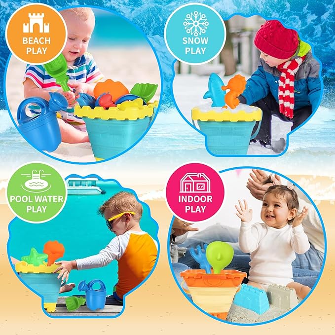 Beach Sand Toys Set, 24PCS Sandbox Toys with Mesh Backpack Bag Included 2 Foldable Buckets Pails, Sand Molds, Shovels, Rakes and Watering Can, Summer Outdoor Toys for Kids Toddlers Boys Girls
