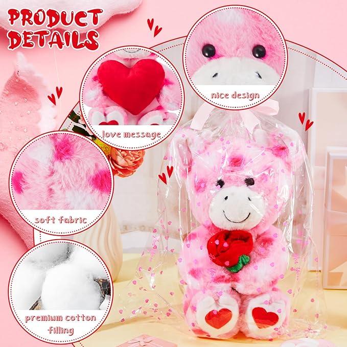 Shappy 2 Sets Large Valentines Day Plush Stuffed Animal with Heart and Rose, Cute Stuffed Animal Toys, Valentine‘s Day Wedding Gifts for Boys Girls Couple Mom Girlfriend(Cow)