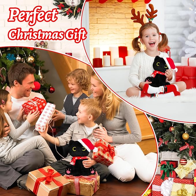 Black Cat Plush, 9In Christmas Plush Black Cat Stuffed Animals Toy for Kids, Cute Stuffed Cat Plushies Toy for Girls Boys, Kawaii Kitten for Boys and Girls