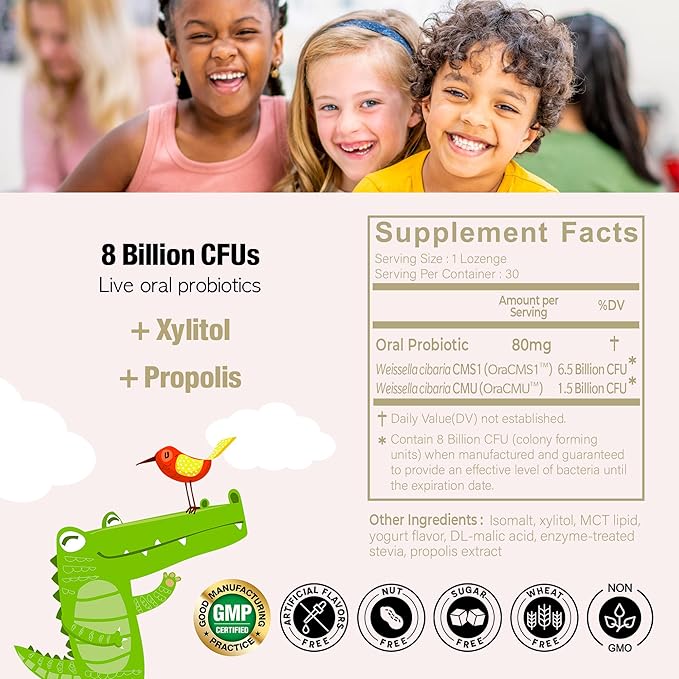 Kids Dental Probiotics for Anti-Cavity + Healthy Teeth and Gums, 8 Billion CFU Probiotics for Oral Health, Yogurt Flavor 1-PK