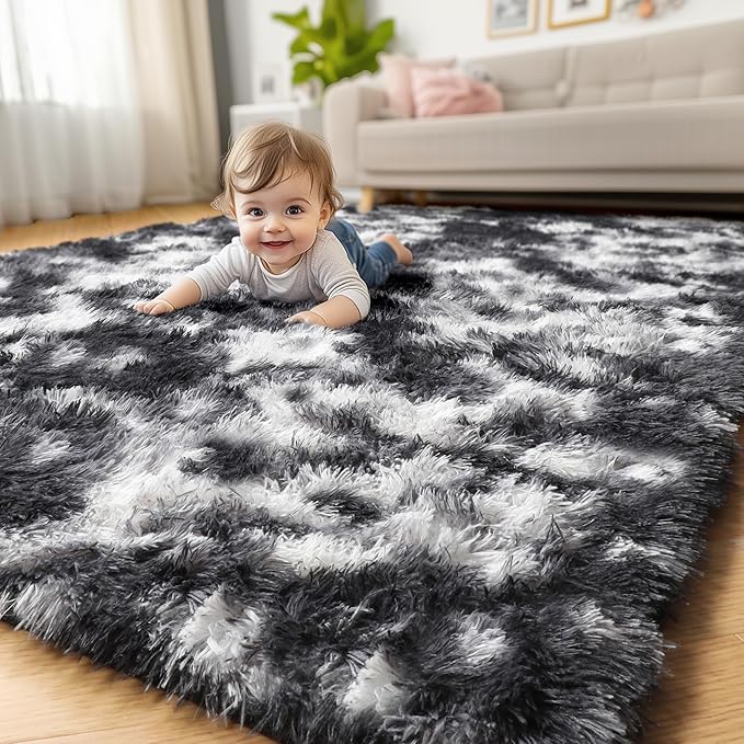 Amdrebio Black White Grey Cool Area Rugs for Bedroom Living Room, Fluffy Modern Furry Rugs for Kids Room Decor, Plush Shaggy Throw Rug 4x6 for Men Teen Boy, Aesthetic Floor Carpet for Dorm Home Office