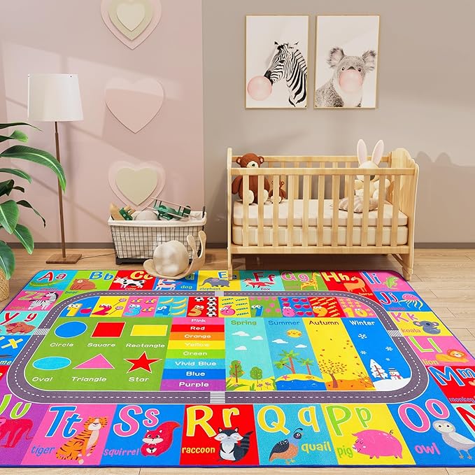 HOMORE Kids Educational Rug, Kids Collection Area Rug for Learning Alphabet, Numbers, Colors, Season and Animal Words, Playmat for Classroom Playroom, 4x6 Feet