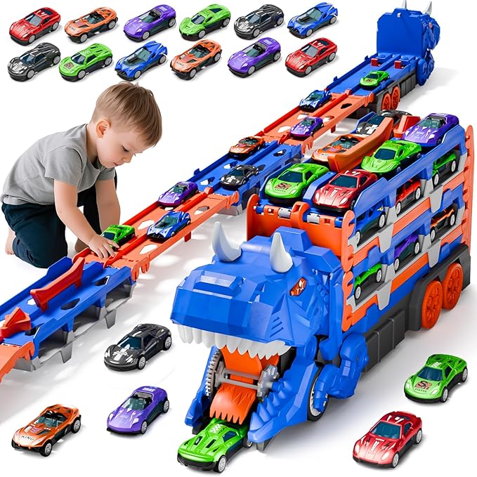 Toddler Car Truck Toys Gifts for 3 4 5 Years Old Boys, Toy Cars Track Set Dinosaur Transport Truck with 12 Pcs Die-Cast Cars Toys, Transforms into Dino, Toy Gifts for 3 4 5 6 Year Old Boys