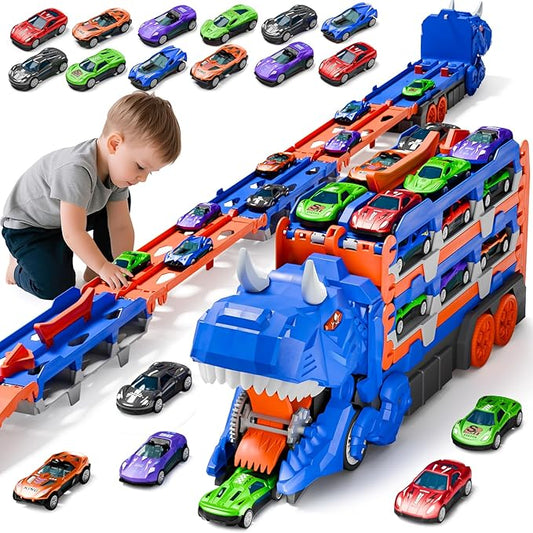 Toddler Car Truck Toys Gifts for 3 4 5 Years Old Boys, Toy Cars Track Set Dinosaur Transport Truck with 12 Pcs Die-Cast Cars Toys, Transforms into Dino, Toy Gifts for 3 4 5 6 Year Old Boys