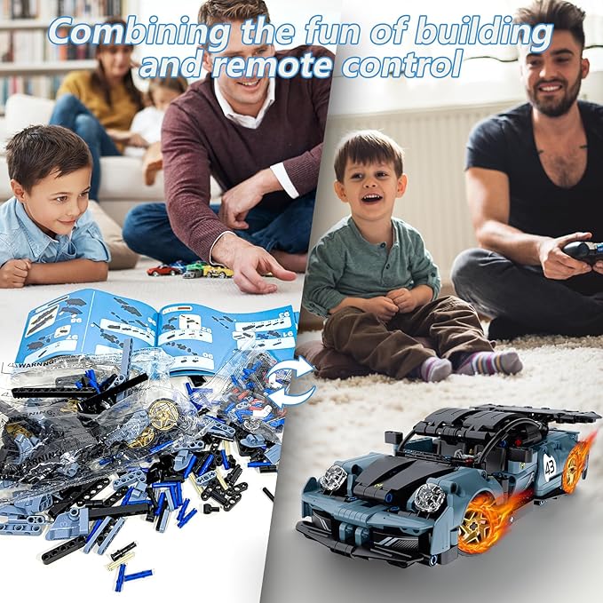 STEM Building Toys for Kids, Educational Building Blocks, Remote & APP Controlled 2in1 RC Car/Construction Robot STEM Kit, Science Learning Car Building Sets for Boys Girls 8-16 Old (Dark Blue)