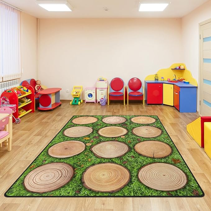 Kids Rug, Classroom Carpets Playmat Rugs - 5x7 Ft Kids Carpet with Rubber Backing, Green Grass Tree Stump Classroom Seating Rug Play Mat Nursery Rugs for Children Bedroom Playroom Elementary -Seats 12