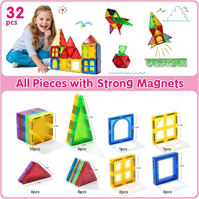 Magnetic Tiles Toys for Kids Preschool Learning, Magnetic Blocks Sensory Montessori Toys Set All Pieces with Magnets, Ideal STEM Educational Construction Gifts for 3+ Year Old Boys and Girls 32PCS