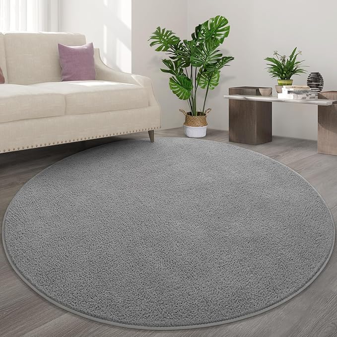 FlyDOIT Round Area Rugs for Bedroom Living Room, 5x5 Grey Super Soft Comfy Thickened Memory-Foam Indoor Circle Carpets, Modern Aesthetic Minimalist Carpet for Boys Girls Adults Nursery Home Décor