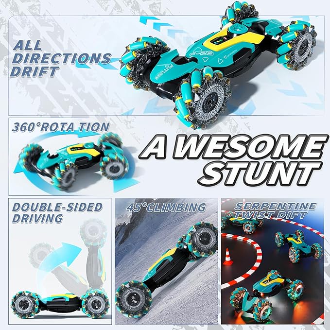 Gesture Sensing RC Stunt Car Toys for Kids, 2.4Ghz Hand Controlled Remote Control Car with LED Light and Music, 4WD Transform Off Road, Age 6 7 8 9 10 11 12 Year Old Boy Birthday Gift (Green)