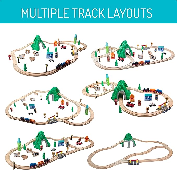Maxim 50pc Mountain Train Set Set for Toddler with Double-Side Train Tracks Fits Brio, Thomas, Melissa and Doug, Kids Wood Toy Train for 3,4,5 Year Old Boys and Girls