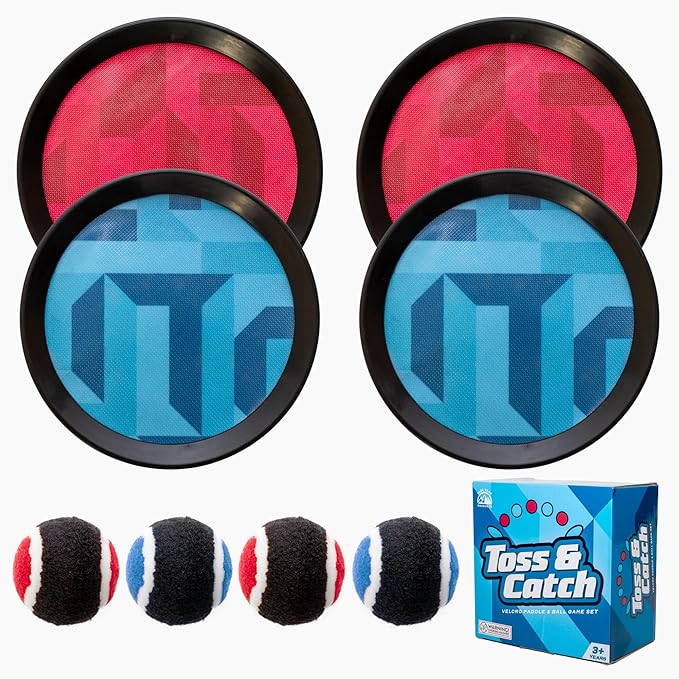 Toss and Catch Ball Set - Modern Ball and Catch Game with 4 Paddles and 4 Balls. Toss and Catch Game Set Includes mesh Storage Bag - Durable Modern Design