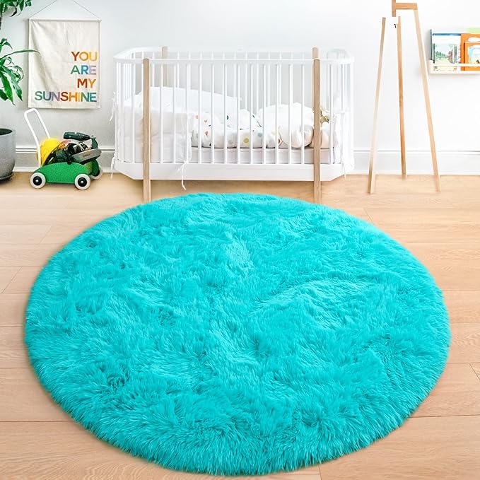 junovo Round Rug 4x4 Feet Fluffy Soft Area Rugs for Kids Girls Room Princess Castle Plush Shaggy Carpet Cute Circle Nursery Rug for Kids Girls Bedroom Baby Room Home Decor Circular Carpet, Teal Blue