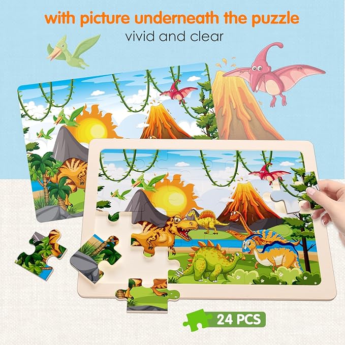 Jigsaw Puzzles Dinosaur Wooden Puzzles for Kids Ages 3-5 Preschool Educational Brain Teaser Boards Toys Four Season Gifts for 3 4 5 6 Year Old Boys Girls 4 Packs 24 Pcs (Dinosaur Theme)