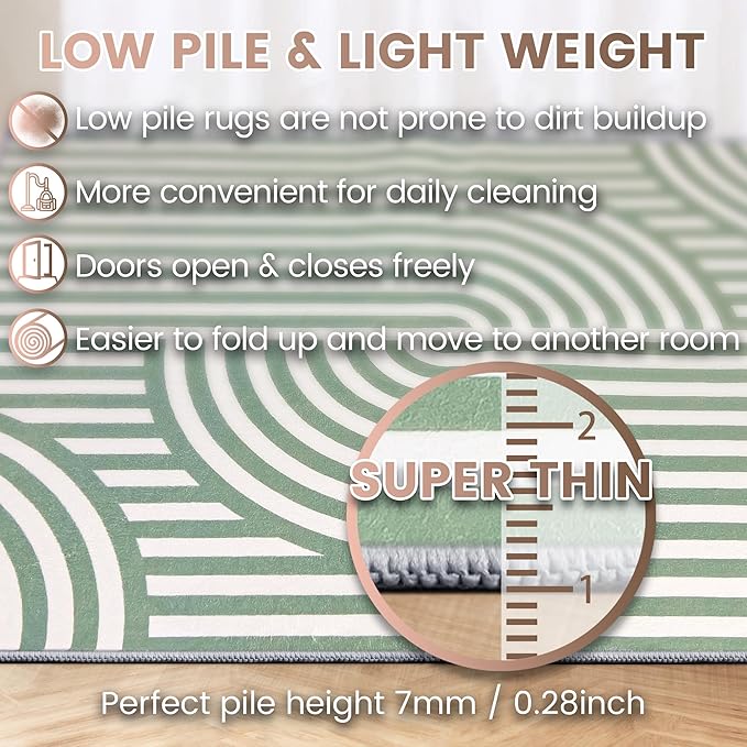 Washable 5x7 Modern Area Rug for Living Room, Sage Green Minimalist Aesthetic Abstract Boho Large Rugs, Ultra-Thin Low Pile Soft Nonslip Indoor Floor Carpet for Office Bedroom Playroom Classroom Dorm