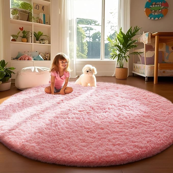 Ophanie Pink Rug for Bedroom Girls, Kids Fluffy Kawaii Fuzzy Furry Shag Area Rug, Cute Plush Soft Shaggy Bedside Round Rugs 4Ft, Indoor Circle Carpet for Teen Nursery Dorm Home Room Decor Aesthetic