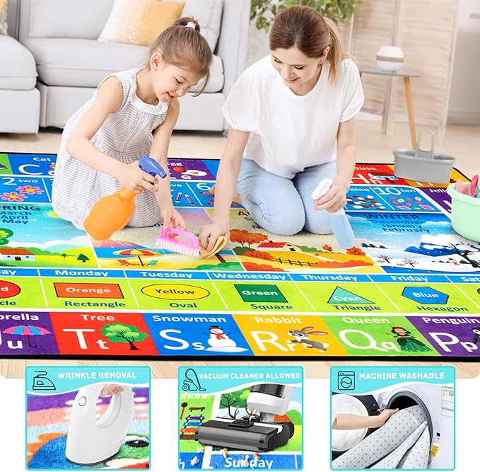 ABC Rug for Kids Playroom, Alphabet Rug 4x6 Feet, Washable Play Mat Non-Slip ABC Mat Classroom Carpet for Learning Letters, Animal, Shape, Color, Nursery Toddler Play Room Decor