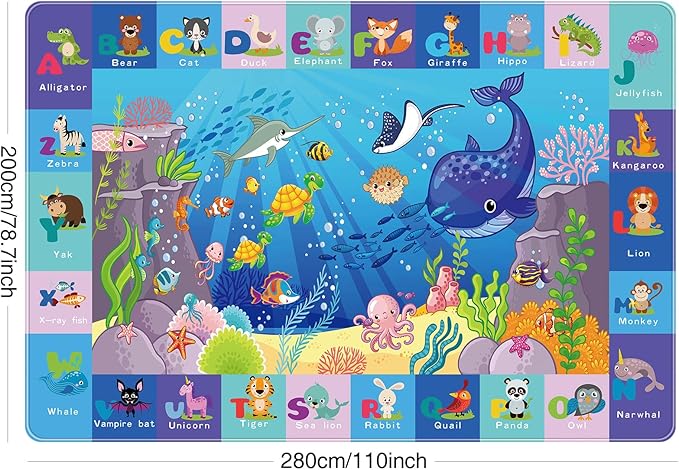 Baby Mat for Floor, Kids Play Rug, Playmat Crawling Tummy Time Mat, Non-Toxic Non-Slip Foldable Rugs Playroom (Sea Animals, 110.2X78.7 INCH) Blue