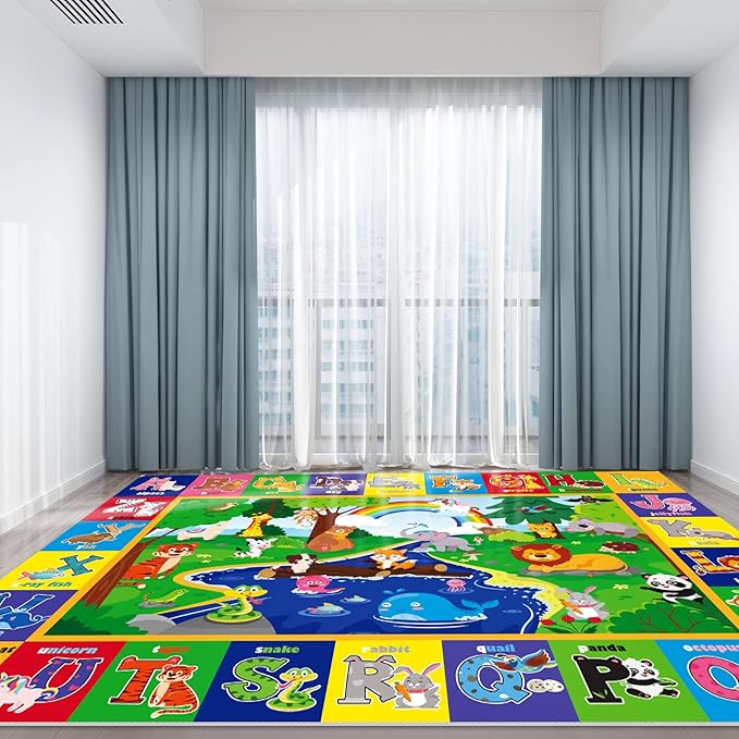 Kids Play Rug, Animals Print ABC Educational Mat for Floor, Playroom, Non-Toxic Soft Baby Crawling and Tummy Time Nursery Rug (Green, 110.2X78.7 INCH)