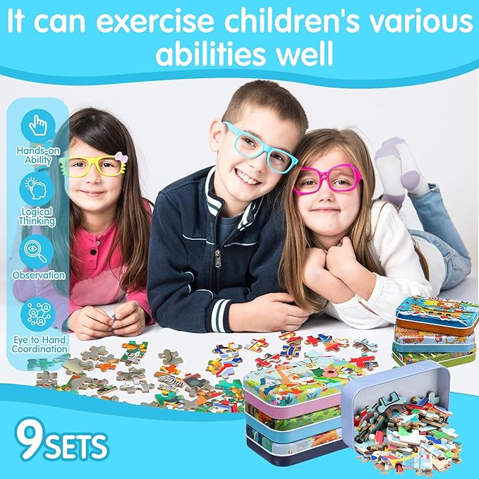 Libima 9 Boxes Party Favors Jigsaw Puzzles in a Metal Box for Age of 4-8 Wooden Puzzle for Ages 4-8 Boys and Girls Learning Educational Toys 9 Styles(Delicate Style)