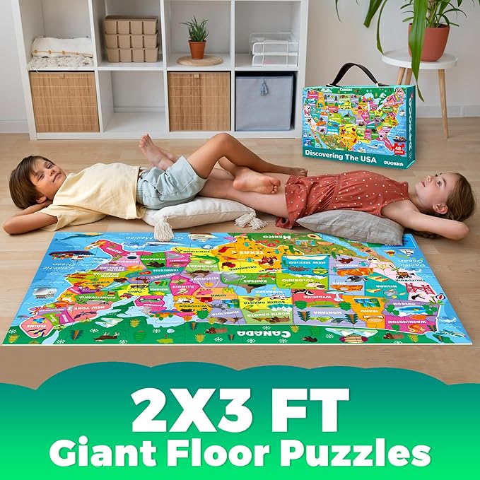 QUOKKA Giant Floor Puzzle for Kids Ages 4-6 – 2x3 Feet Extra-Thick 48 Pieces Toddler Puzzle Ages 3-5 – USA Map Educational Activity for Boys Girls – Premium Box with Sturdy Handle & Magnetic Closure