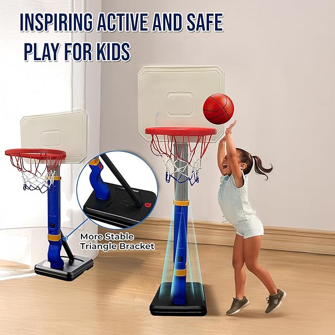 Toddler Kids Basketball Hoop, Height-Adjustable Indoor & Outdoor Portable Basketball Goal for Swimming Pool & Poolside Play, Playset for Boys & Girls with 4 Balls, 1 Gym Bag, 1 Pump, Blue
